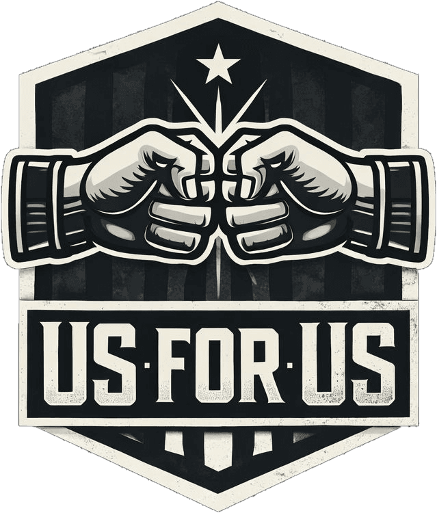 Logo da marca US FOR US: brasão com punhos, estrela e o nome US FOR US
